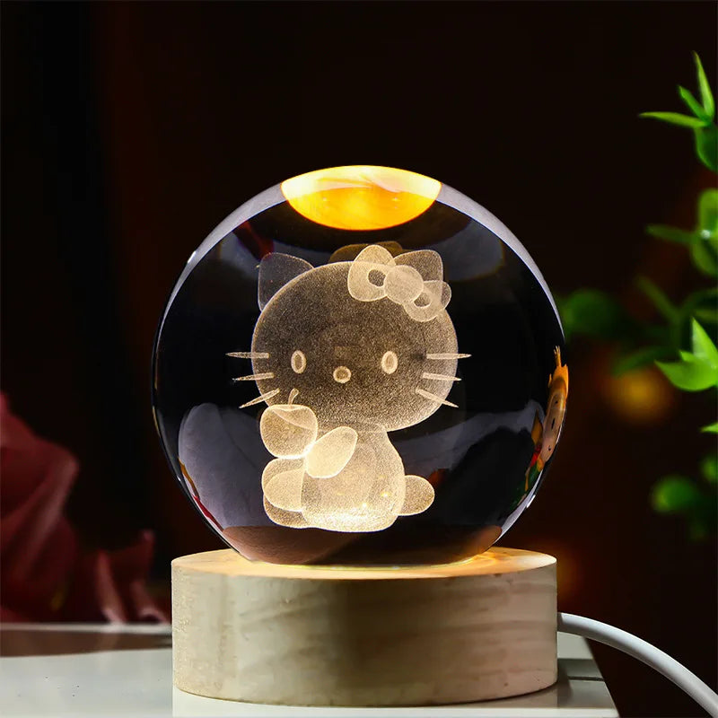 3D Crystal Ball Stitch Pikachu Kuromi Princess Hello Kitty Crystal Mini Night Lamp Desk Decoration Boy Girl Gifts