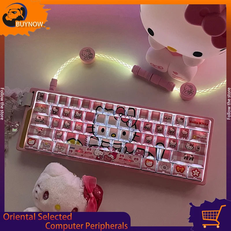 Cute-style mechanical keyboard keycaps with side-engraved light-transmitting HelloKitty designs Customized keycaps