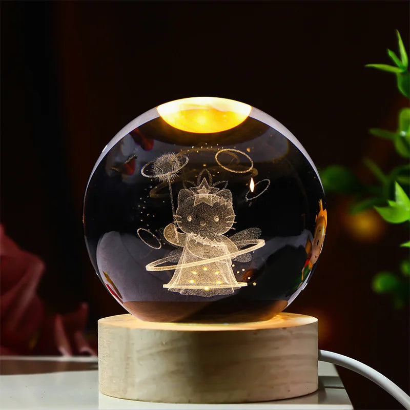 3D Crystal Ball Stitch Pikachu Kuromi Princess Hello Kitty Crystal Mini Night Lamp Desk Decoration Boy Girl Gifts